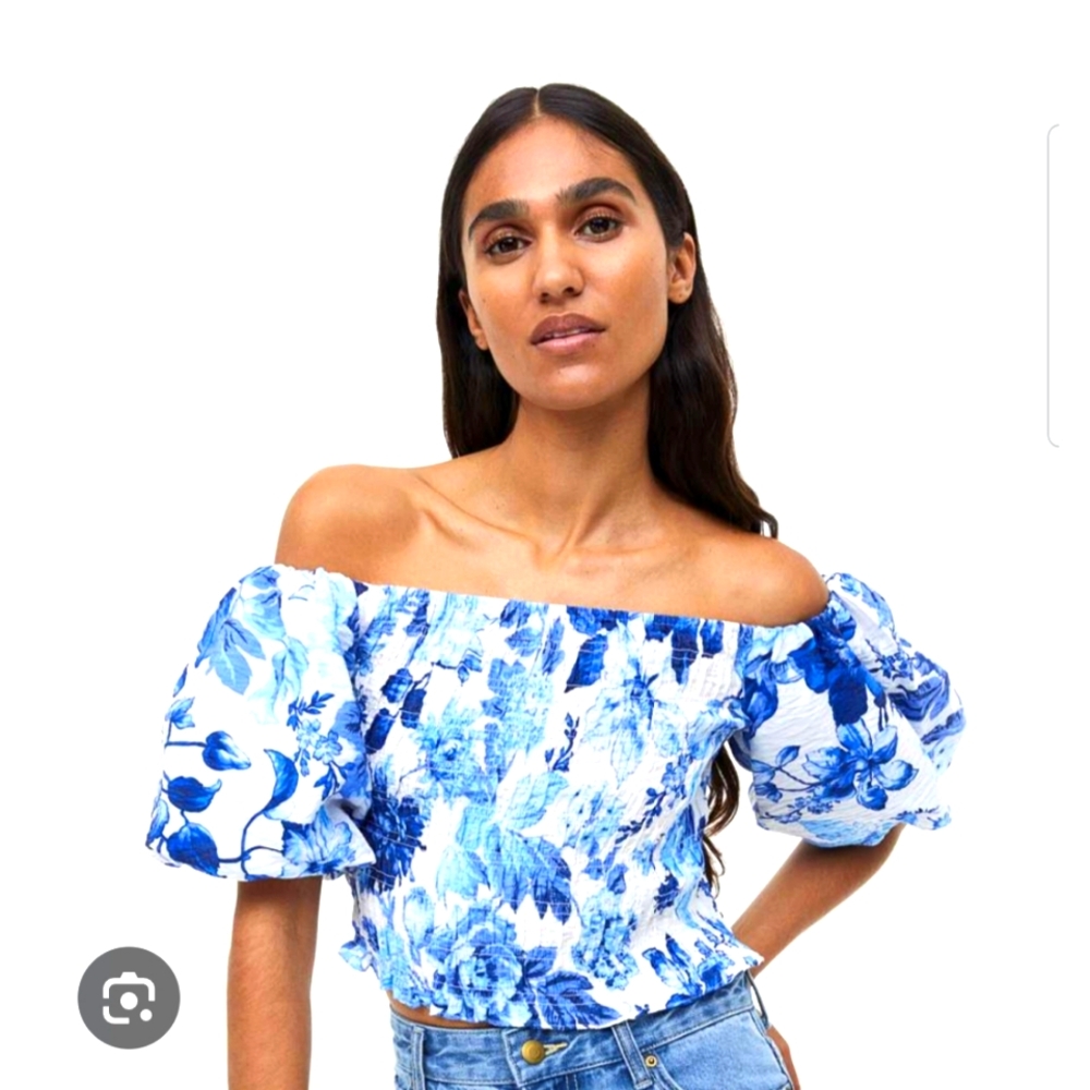 Floral Off-Shoulder Blue Top